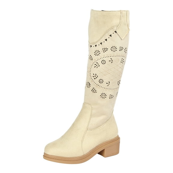 Chenyee Cowboy Boots for Women Suede Mid Heel Fashion Emboss Western Knee High Riding Booties