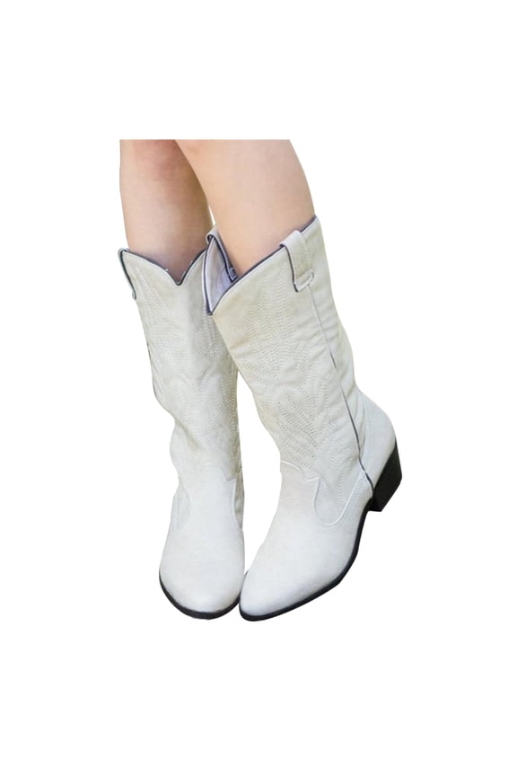 Cowboy Boots for Women Wide Width Embroidered Mid Calf Heel Pointed Toe Western Booties