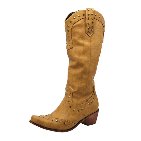 Chenyee Cowboy Boots for Women Wide Calf Rivents Studded Pointed Toe Zipper Suede Knee High Booties