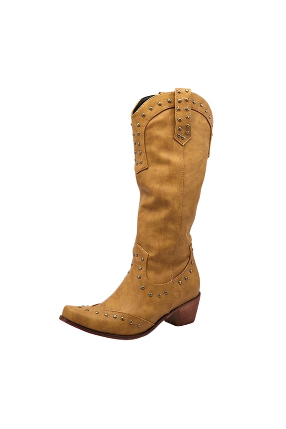 Cowboy Boots for Women Wide Calf Rivents Studded Pointed Toe Zipper Suede Knee High Booties