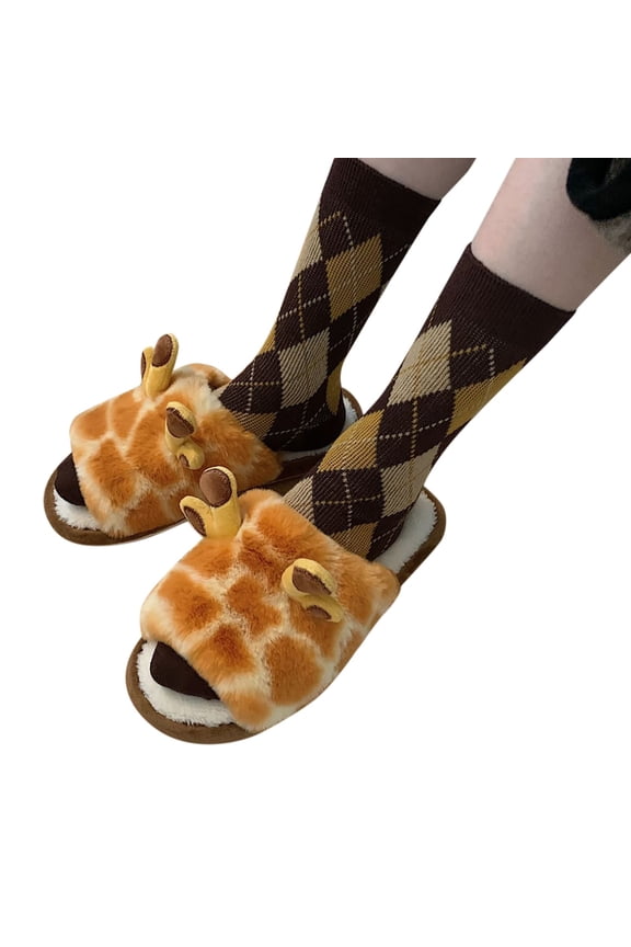 Cute Cartoon Giraffe Cotton Slippers for Women Open Toe Fuzzy Animal Slippers Winter Indoor Slippers