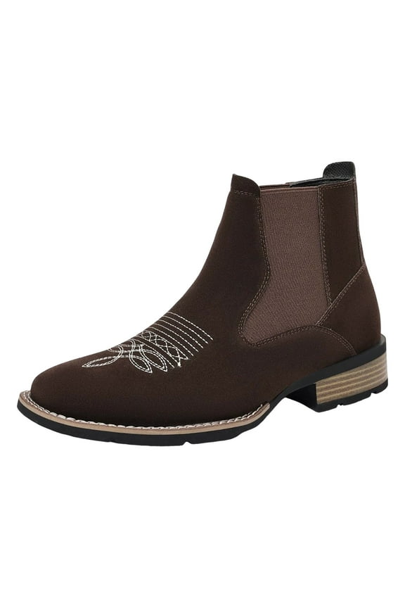 Embroidery Chelsea Boots for Men Casual Block Heel Dress Ankle Boots Classic Slip On Cowboy Booties