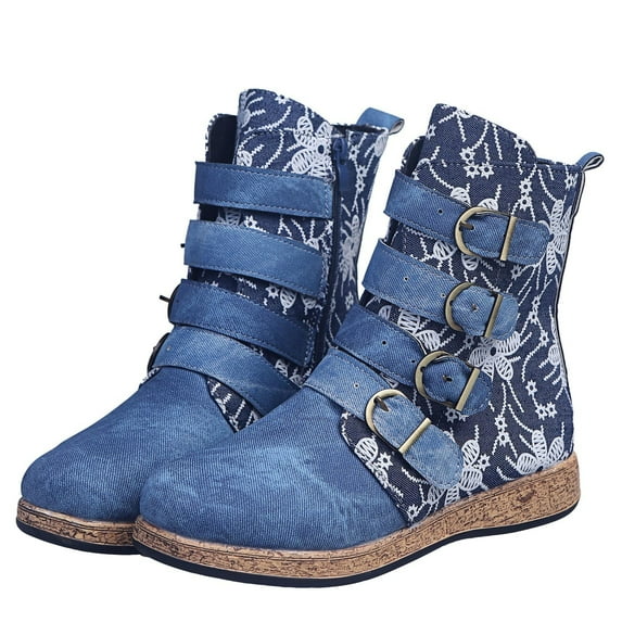 Chenyee Flat Ankle Bootss for Women Vintage Embroidery Buckle Strap Side Zipper Wedge Mid Calf Booties