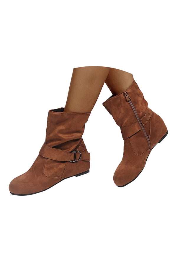 Flat Mid Calf Boots for Women Vitage Wide Calf Suede Slouchy Side Zipper Ankle Booties