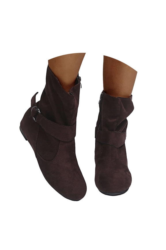 Flat Mid Calf Boots for Women Vitage Wide Calf Suede Slouchy Side Zipper Ankle Booties