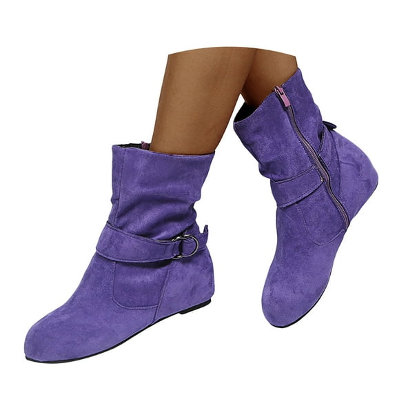 Chenyee Flat Mid Calf Boots for Women Vitage Wide Calf Suede Slouchy Side Zipper Ankle Booties
