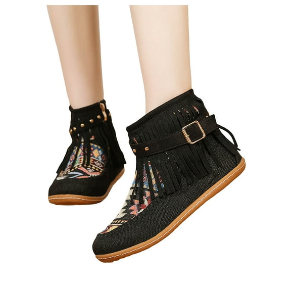 Chenyee Fringe Ankle Boots for Women Western Tassels Retro Winter Suede Moc Toe Low Heel Flat Booties