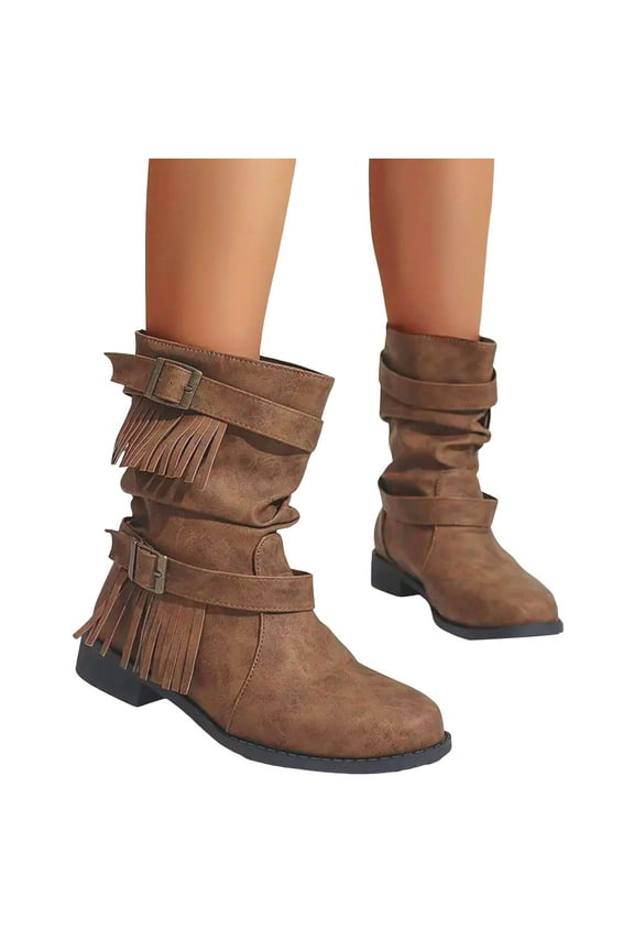 Fringe Boots for Women Vintage Suede Flat Buckle Strap Slip On Mid Calf Dress Ankle Booties