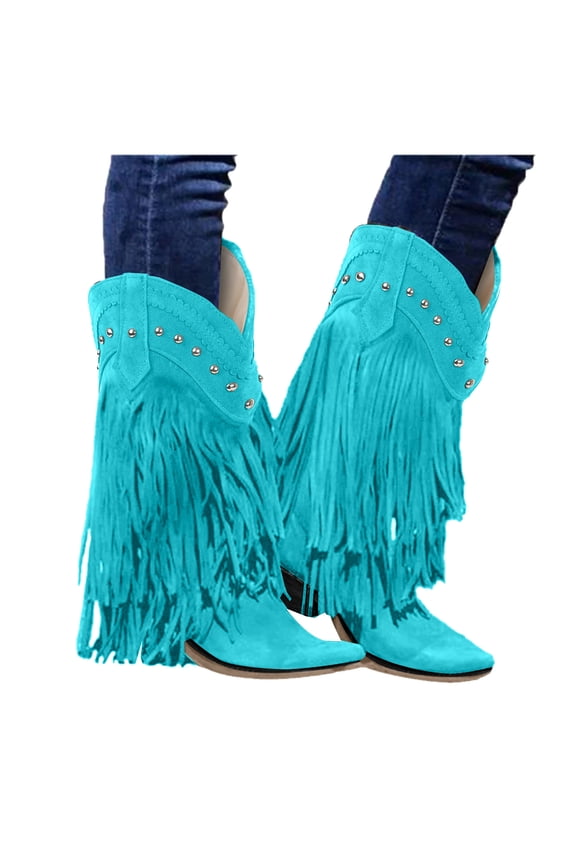 Fringe Cowboy Boots for Women Wide Calf Heel Fashion Studed Western Pointed Toe Riding Booties