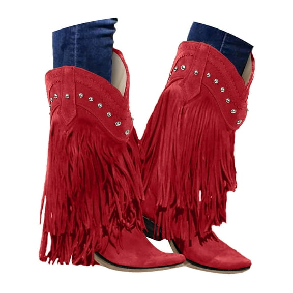 Chenyee Fringe Cowboy Boots for Women Wide Calf Heel Fashion Studed Western Pointed Toe Riding Booties