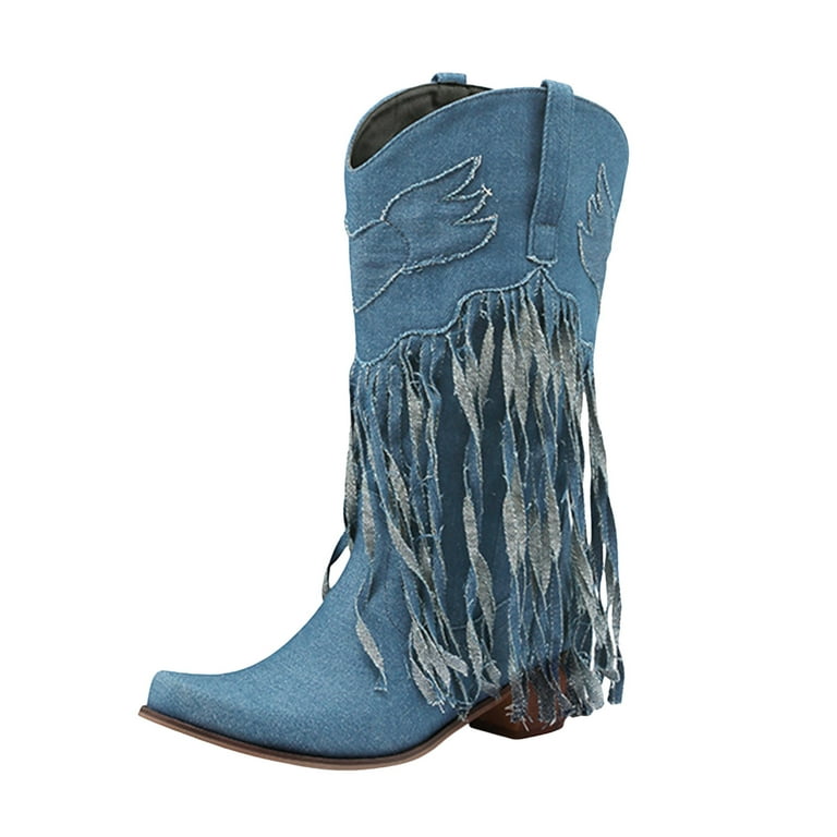 Chenyee Fringe Denim Cowboy Boots for Women Tassel Low Heel Wide