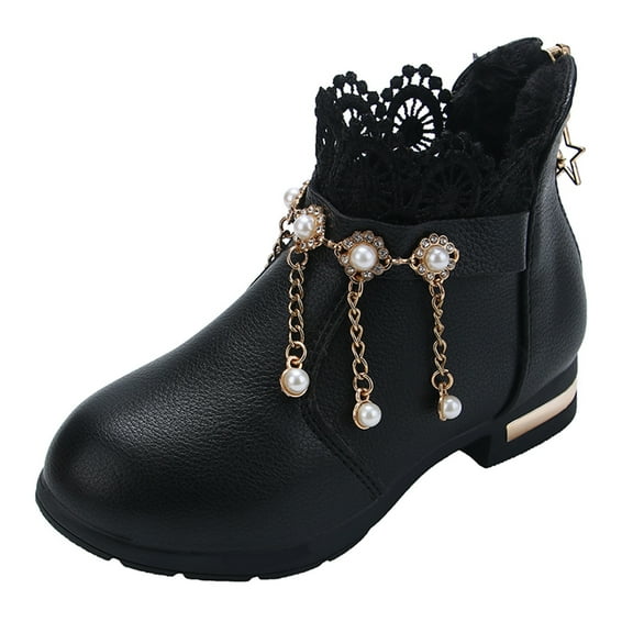 Chenyee Girls Ankle Boots Breathable Lace Block Heel Short Booties Fashion Pearl Rhinestone Priness Shoes