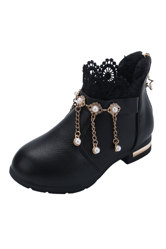 Girls Ankle Boots Breathable Lace Block Heel Short Booties Fashion Pearl Rhinestone Priness Shoes