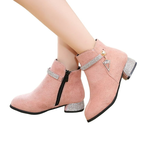 Chenyee Girls Ankle Boots Low Heel Side Zipper Dress Booties Fashion Rhinestone Priness Shoes