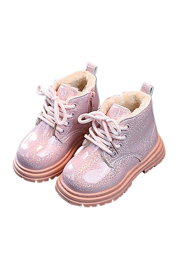 Girls Glitter Ankle Boots Lace Up Water-proof Side Zipper Combat Bootits for Toddler Kids