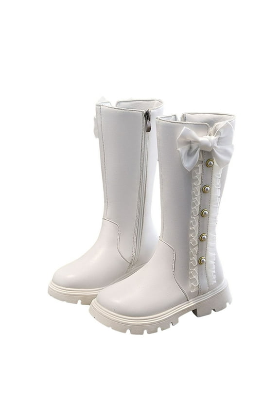 Girls Knee High Boots Fashion Pearl Bow knot Chunky Low Heel Platform Riding Booties