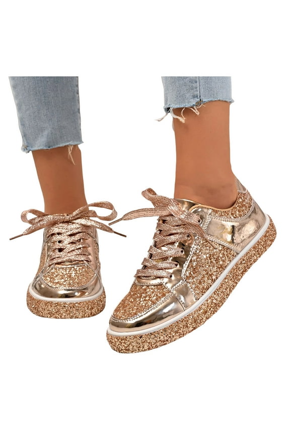 Glitter Sparkly Fashion Flat Sneakers Casual Bling Sequin Low Cut Lace up Skate Shoes