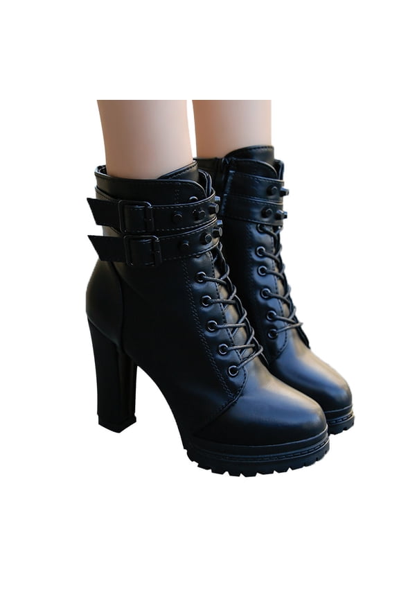 Gothic Ankle Boots Women Lace Up Buckle Straps High Heels Platform Combat Booties with Zipper