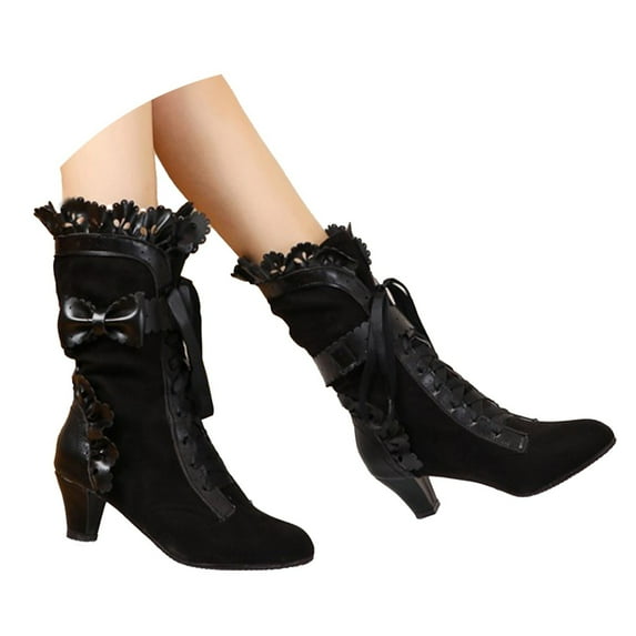 Chenyee Gothic Boots for Women Vintage Bow Ruffles Lace Up Mid Calf Booties Fashion Dress Kitten Heels