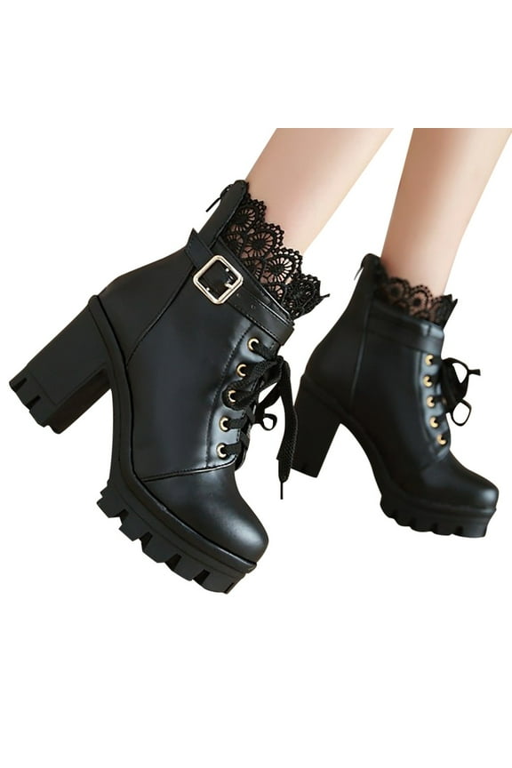 Gothic Platform Ankle Boots Lace Buckle Chunky High Heels Short Booties Zip Up Punk Shoes