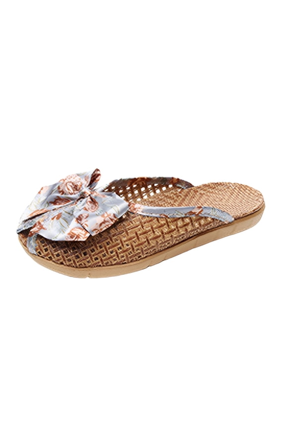 Grass Woven Slippers for Women Indoor Outdoor Home Shoes Summer Non Slip Bow Sandals