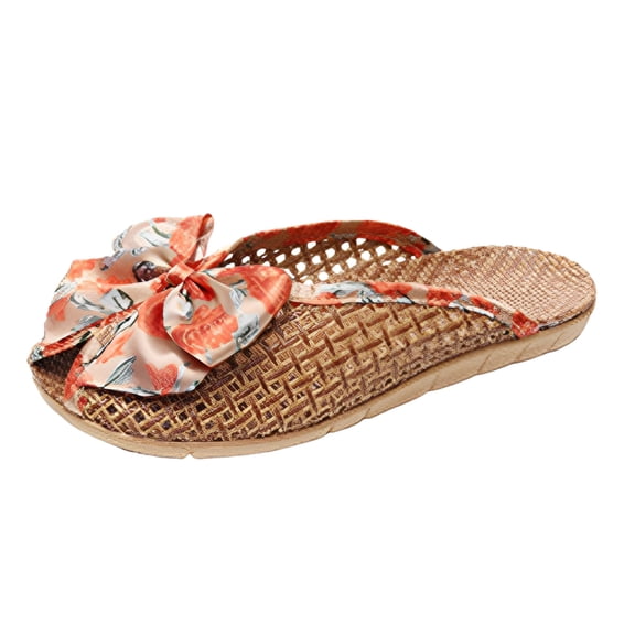 Chenyee Grass Woven Slippers for Women Indoor Outdoor Home Shoes Summer Non Slip Bow Sandals
