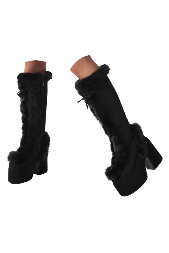 Knee High Boots for Women Side Zipper Warm Faux Furry Platform Chunky Heel Punk Walking Snow Booties