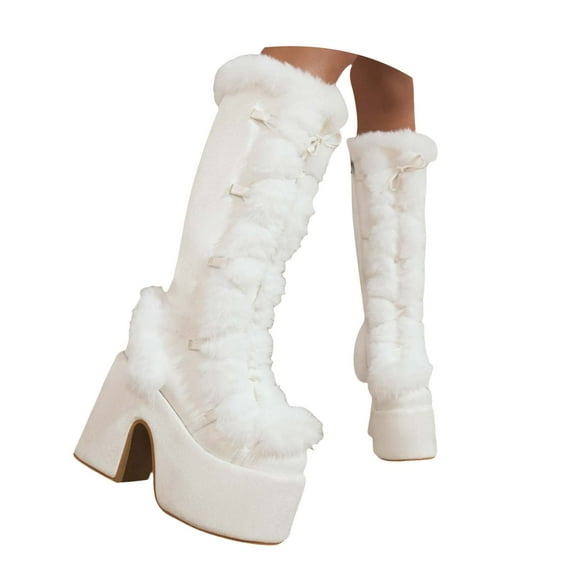 Chenyee Knee High Boots for Women Side Zipper Warm Furry Platform Heel Punk Walking Snow Booties