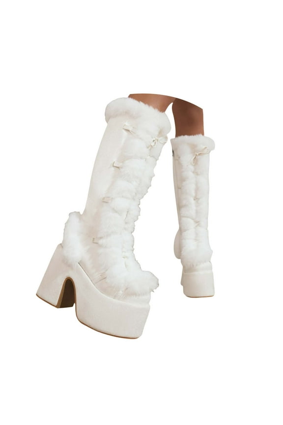 Knee High Boots for Women Side Zipper Warm Furry Platform Heel Punk Walking Snow Booties