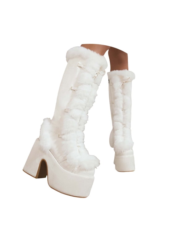 Knee High Boots for Women Side Zipper Warm Furry Platform Heel Punk Walking Snow Booties