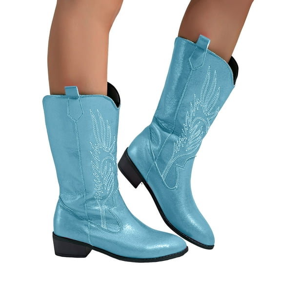 Chenyee Knee High Cowboy Boots for Women Pointed Toe Mid Block Low Heel Slip On Fall Winter Fashion Booties