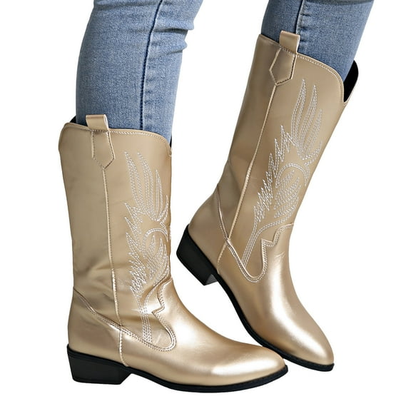 Chenyee Knee High Cowboy Boots for Women Pointed Toe Mid Block Low Heel Slip On Fall Winter Fashion Booties