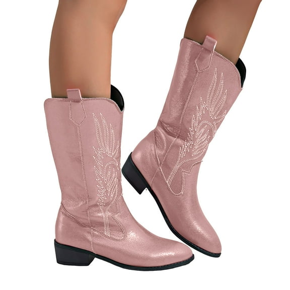 Chenyee Knee High Cowboy Boots for Women Pointed Toe Mid Block Low Heel Slip On Fall Winter Fashion Booties