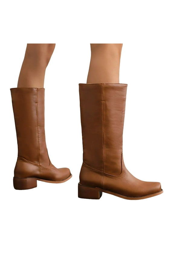 Leather Knee High Boots for Women Wide Calf Fshion Square Toe Block Heel Riding Booties