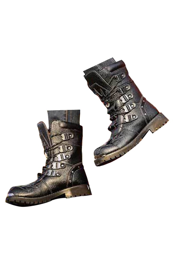 Mens Black Cool Steel Toe Combat Boots Buckle Lace Up Mid Calf Leather Platform Motorcycle Booties