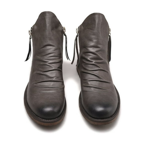 Chenyee Mens Casual Leather Ankle Boots Block Low Heel Slip On Lightweight Loafers Mid top Walking Shoes