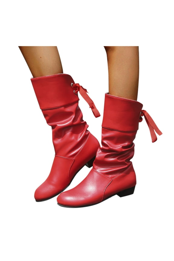 Mid Calf Boots for Women Comfortable Low Block Heel Casual Slouchy Back Strap Riding Booties