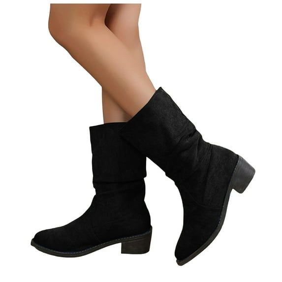 Chenyee Mid Calf Boots for Women Comfortable Low Block Heel Leather Fashion Ruched Riding Booties