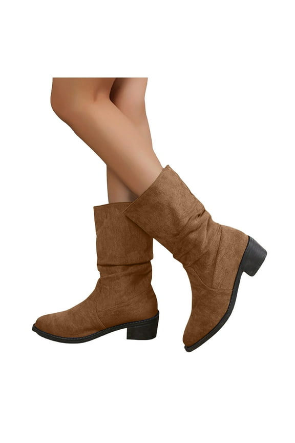 Mid Calf Boots for Women Comfortable Low Block Heel Leather Fashion Ruched Riding Booties