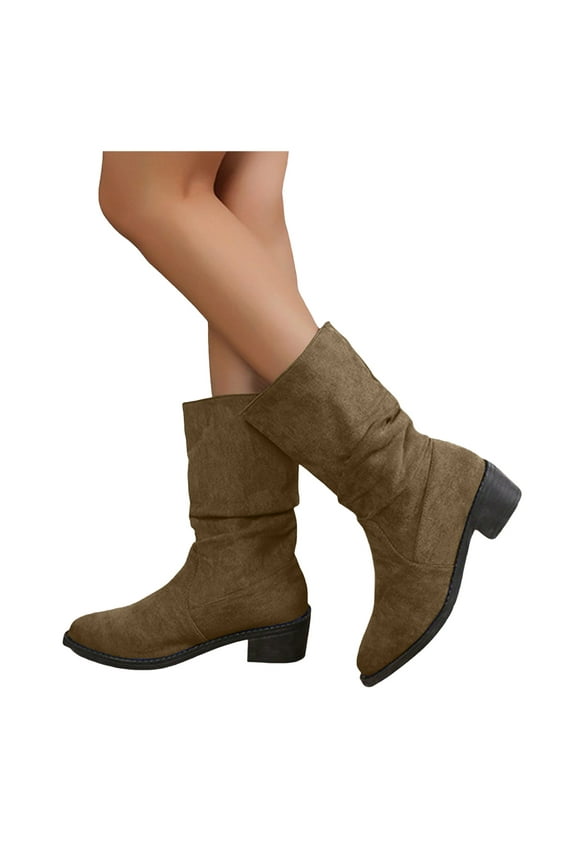 Mid Calf Boots for Women Comfortable Low Block Heel Leather Fashion Ruched Riding Booties