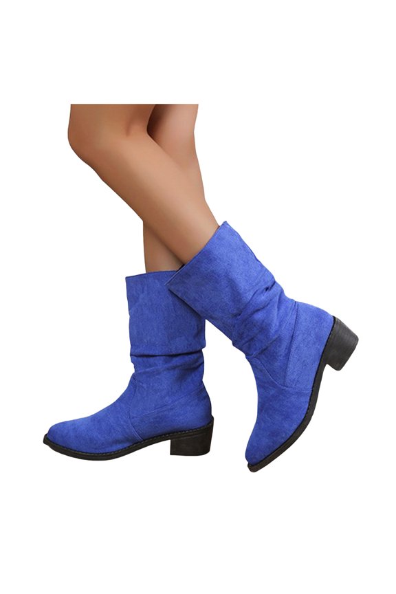 Mid Calf Boots for Women Comfortable Low Block Heel Leather Fashion Ruched Riding Booties