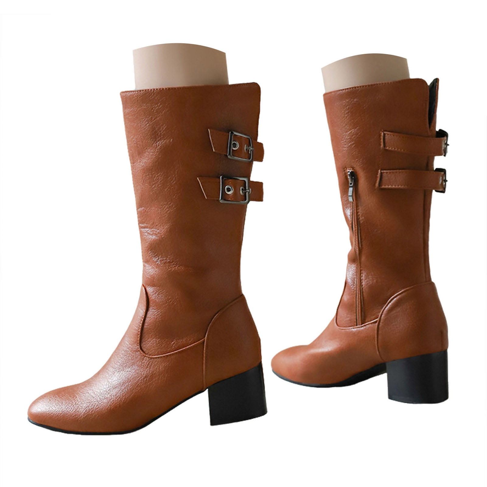 Chenyee Mid Calf Boots for Women Pointed Toe Buckle Strap Low Heel Wide — free download