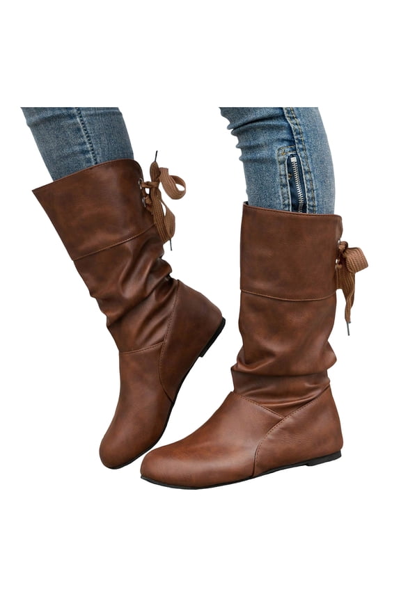 Mid Calf Boots for Womens Low Heel Suede Leather Slip On Casual Flat Booties with Back Lace