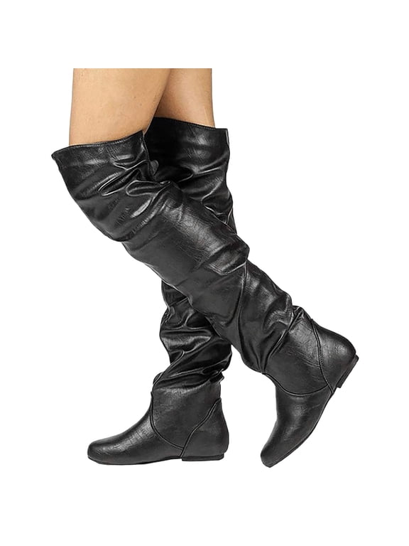 Over The Knee High Boots for Women Wide Calf Slouchy Pull On Flat Thigh High Booties