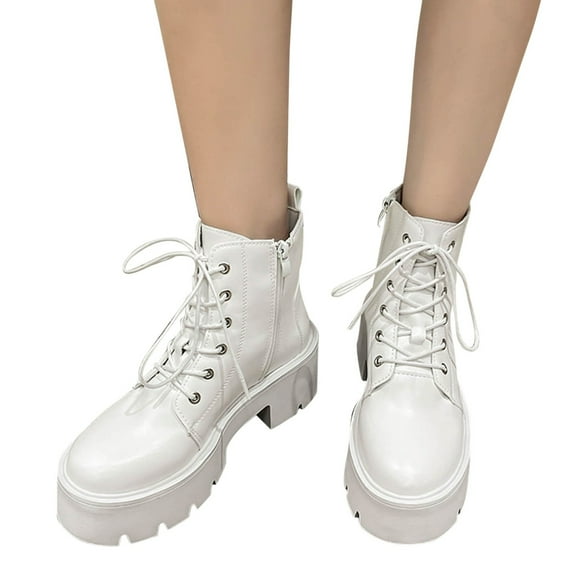 Chenyee Platform Combat Boots for Women Lightweight Lace Up Chunky High Heel Black White Ankle Booties