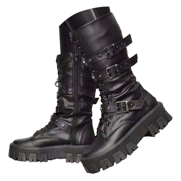 Chenyee Platform Gothic Boots for Women Wide Width Mid Calf Heel Buckle Strap Combat Booties
