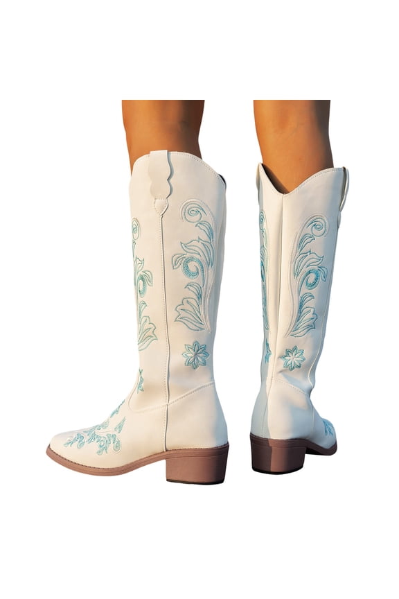 Print Knee High Boots for Women Suede Pointed Toe Stacked Chunky Block Heeled Western Cowboy Booties
