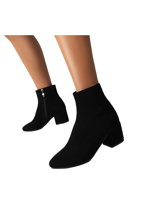 Suede Ankle Boots for Women Vintage Mid Block Heel Mid Calf Dress Booties with Side Zipper