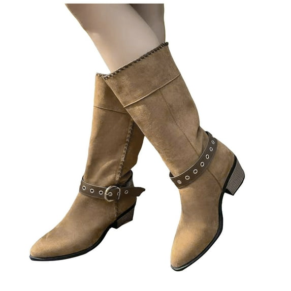 Chenyee Suede Work Boots for Women Wide Calf Pointed Toe Knee High Booties with Metal Buckle Strap