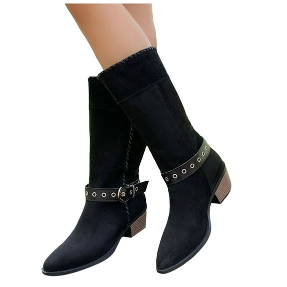 Chenyee Suede Work Boots for Women Wide Calf Pointed Toe Knee High Booties with Metal Buckle Strap